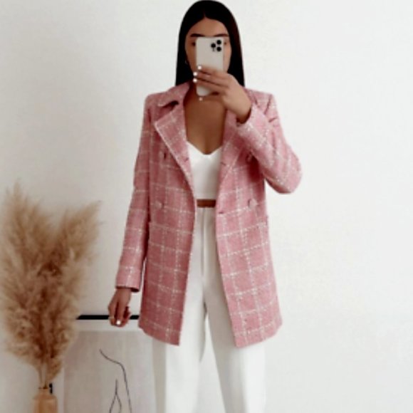 ZARA WOMEN NEW TEXTURED PLAID COAT SHORT JACKET PINK / WHITE 2413/152 XS - XL - Picture 2 of 12